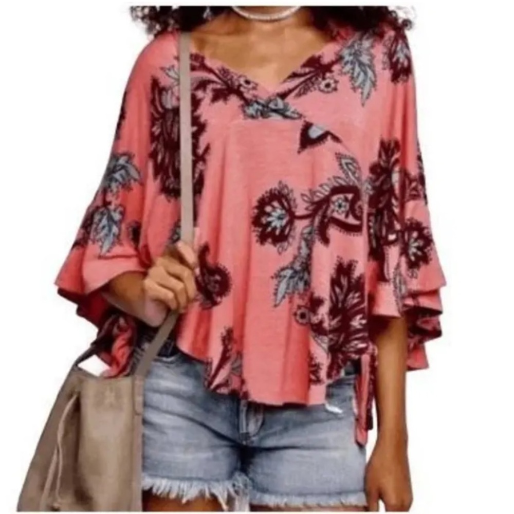 Free People Coral Floral V-Neck Ruffle Tunic Top